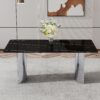 Modern Minimalist Dining Table Imitation Marble Glass With Metal Legs - Black - Image 5