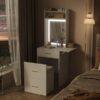 Small Vanity Desk With Mirror And Light, Dressing Table With Charging Station & Fold Up Panel For Small Space, Compact Makeup Vanity Set With Hidden Stool For Bedroom - White - Image 9