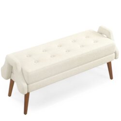 Modern Living Room Bench With Looped Yarn Fabric Soft Cushion Irregular Geometric Armrests Rubber Wooden Legs - Beige