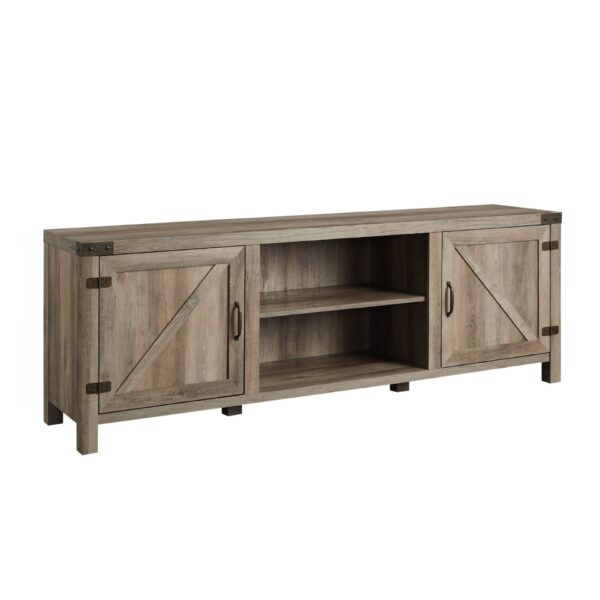 Rustic Farmhouse Double Barn Door 70" TV Stand For 80" TVs With Center Shelves - Gray Wash