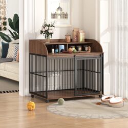 Heavy Duty Large Dog Crate Furniture For Large Medium Dog With Lockable Wheels, Wooden Dog Crate Dog Kennel, End Table Crate With Double Layer Storage - Brown