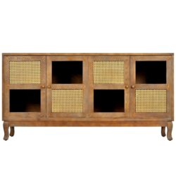 Retro 4 Door Sideboard With Large Storage Space, Artificial Rattan Doors - Transparent Glass - Antique Brown