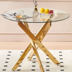 Dining Table With Cross Metal Leg And Glass, Modern Space Saving Kitchen Table For Living Room - Golden