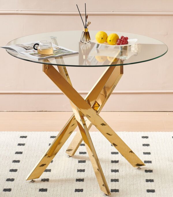 Dining Table With Cross Metal Leg And Glass, Modern Space Saving Kitchen Table For Living Room - Golden