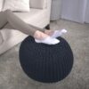 Bordeaux - Knitted Cotton Round Pouf Ottoman And Floor Cushion - Navy Blue - Image 2