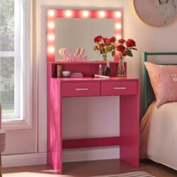 Vanity Desk With Mirror And Lights, Dressing Table With Large Drawer, 2 Level Storage Dresser & 3 Lighting Modes Adjustable Brightness, Suitable For Bedroom - Rose Pink