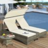 Patio Daybed Outdoor Daybed Sun Lounger With Shelter Roof With Adjustable Backrest, Storage Box And 2 Cup Holders For Patio, Balcony, Poolside - Cream - Image 7