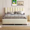 Queen Size Upholstered Platform Bed With 2 Drawers And 1 Trundle, Classic Strip Headboard Design - Beige - Image 10