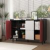 Sideboard Buffet Cabinet With Doors And Unique Panel Styling - Black / Red - Image 10