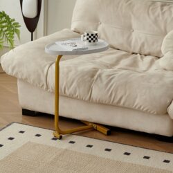 C-Shaped Side Table, Small Sofa Table For Cough, Bedroom - White / Gold