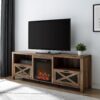 Industrial Farmhouse Metal Mesh Drop Down X Door 70" Fireplace TV Stand For 80" TVs - Rustic Oak - Image 5