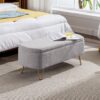 Storage Ottoman Bench For End Of Bed Gold Legs, Modern Gray Faux Fur Entryway Bench Upholstered Padded With Storage For Living Room Bedroom - Gray - Image 4