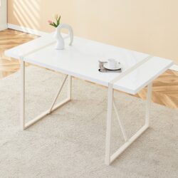Industrial Rectangular Style Dining Table For 4 - 6 People With Thick Top And Metal Legs Frame - White