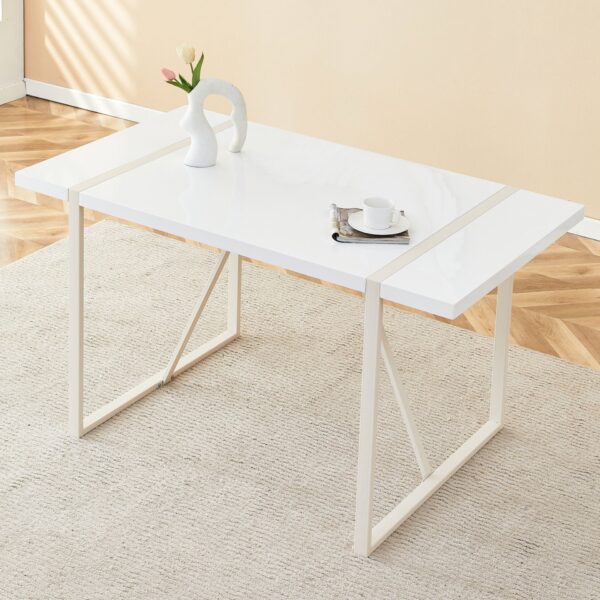Industrial Rectangular Style Dining Table For 4 - 6 People With Thick Top And Metal Legs Frame - White