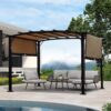 12 X 9 Ft Outdoor Patio Pergola Gazebo Steel Frame Sun Shelter With Retractable Canopy & - Beige / Brown - Image 2
