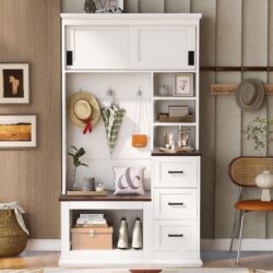 Modern Entryway Bench With Coat Rack, 3 Shelves And Drawers, 3 Sturdy Hooks, Wide Hall Tree With Storage Bench For Hallway - White