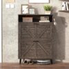 Farmhouse Shoe Storage Cabinet With Barn Door Design, 2 Flip Drawers, Hooks - Dark Oak - Image 5