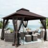 10 X 10 Ft Patio Gazebo Tent With Ventilated Double Roof And Mosquito Net - Brown - Image 10
