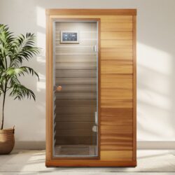 Red Cedar Mini 1 Person Far Infrared Glass Door On The Left Of The Indoor Sauna Room - Natural Wood / Caramel