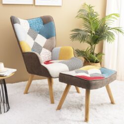 Accent Chair With Ottoman, Living Room Chair And Ottoman Set, Comfy Side Armchair For Bedroom, Creative Splicing Cloth Surface - Colorful