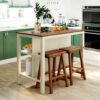 Solid Wood Rustic 3 Piece Stationary Kitchen Island Set With 2 Seatings, Rubber Wood Butcher Block Dining Table Set Prep Table Set With 2 Open Shelves For Small Places - Walnut / Cream White - Image 2