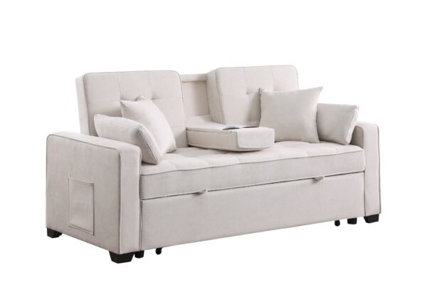 Cody II - Woven Fabric Convertible Sleeper Loveseat With Cup Holder, Charging Ports, Side Pocket, and Pocket Coil Seating - Beige