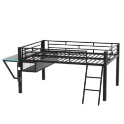 Full Size Modern Gaming Mid Loft Bed With Desk And LED Lights - Black