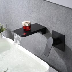 Modern Wall Mount Bathroom Sink Faucet With Waterfall Spout And Brass Rough In Valve - Matte Black