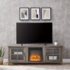 Modern Farmhouse 2 Door Glass Windowpane 70" Fireplace TV Stand For 80" TVs - Gray Wash - Image 4