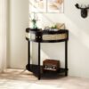 Boho Rattan Semi Circle End Table With Sliding Door, Elegant Wood Accent Table With Storage And Bottom Shelf - Black - Image 17