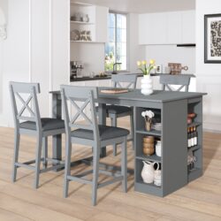 Solid Wood Farmhouse Counter Height Dining Table Set With 3 Tier Storage Shelves, Upholstered Dining Chairs For 4, 5 Piece - Gray