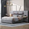 Queen Upholstered Platform Bed, 2 Outlets And USB Charging Ports On Both Sides, 2 Bedside Pillows, Storage Shelves - Gray - Image 11