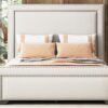 Queen Size Upholstered Bed With Slats Support, No Box Spring Needed - Beige - Image 13