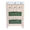 Bathroom Vanity With Ceramic Sink, Bathroom Vanity Cabinet With 2 Drawers, Wooden Bathroom Sink Cabinet - Beige / Green - Image 10