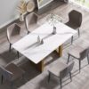 63" Modern Artificial Stone White Straight Edge Golden Metal Leg Dining Table - White / Gold - Image 2