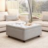 Large Square Storage Bench, Footstool With 2 Storage Doors, Mid - Century Modern Coffee Table For Living Room, Nailhead Inlay - Light Gray - Image 4