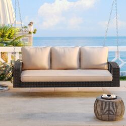 3 Person Porch Swing With Chains, Large Patio Swing Bench With Cushions For Backyard, Garden, And Poolside - Brown