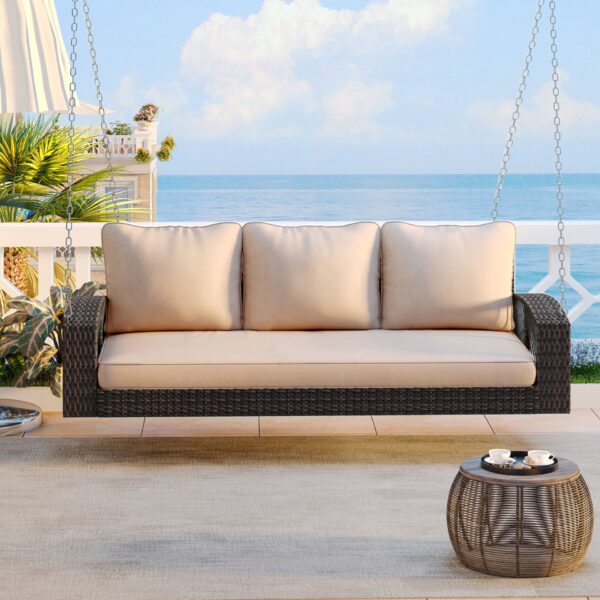 3 Person Porch Swing With Chains, Large Patio Swing Bench With Cushions For Backyard, Garden, And Poolside - Brown