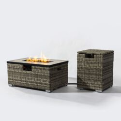 32" Propane Gas Fire Pit Table With Propane Tank Cover, 50000 Btu Rectangular Steel Fire Pit With Beautiful Wicker Base For Outside Garden - Beige