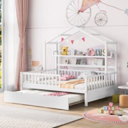 Full Size House Bed With Twin Size Trundle, Kids Bed With Shelf - White