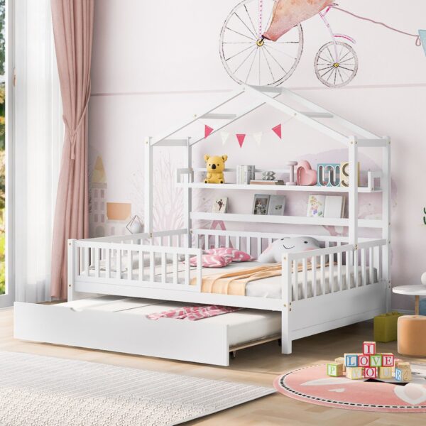 Full Size House Bed With Twin Size Trundle, Kids Bed With Shelf - White