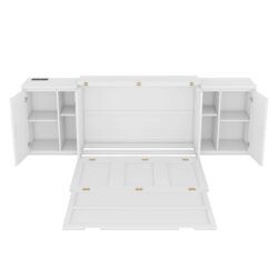 Full Size Murphy Bed With Shelves, Cabinets And USB Ports - White