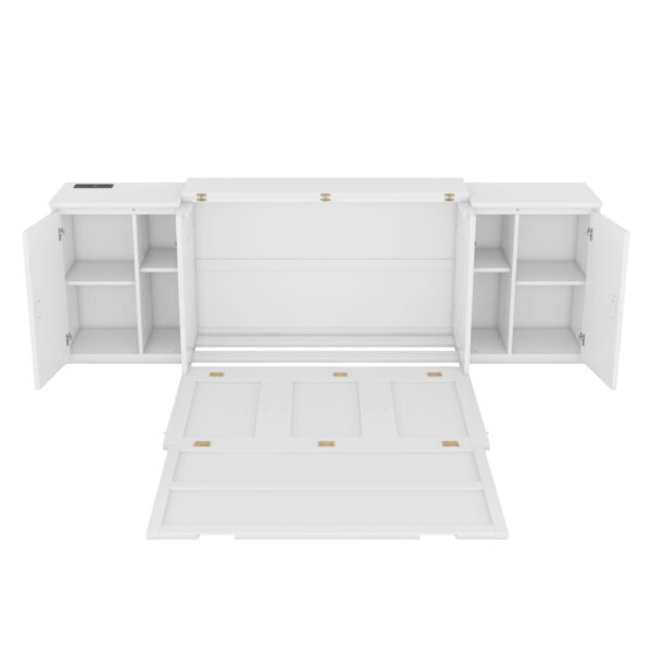 Full Size Murphy Bed With Shelves, Cabinets And USB Ports - White