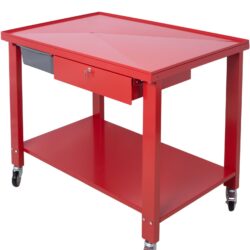 Transmission Teardown Work Station 1 / 2 Ton Capacity Sloping Drain Table Locking Drawer Removable Drain Basin Full-Width Lower Shelf Four 4" Caster Wheels - Red