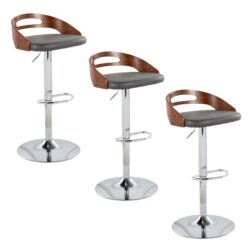 Cassis - Mid-Century Modern Adjustable Barstool With Swivel With Oval Footrest (Set of 3) - Chrome / Walnut / Gray