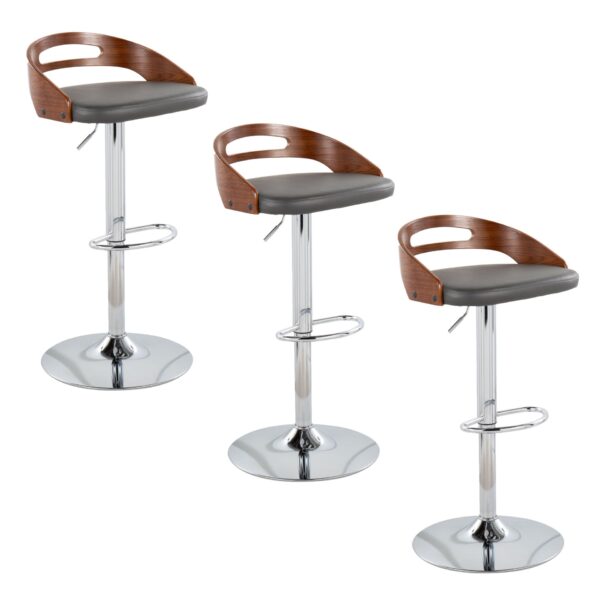 Cassis - Mid-Century Modern Adjustable Barstool With Swivel With Oval Footrest (Set of 3) - Chrome / Walnut / Gray