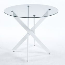 Dining Table With Cross Metal Leg And Tempered Glass, Modern Space Saving Kitchen Table For Living Room Legs - White