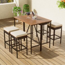 5 Piece Outdoor Acacia Wood Bar Height Table And 4 Stools With Cushions, Garden Wicker Dining Table, Foldable Tabletop, High Dining Bistro Set, All-Weather Patio Furniture - Brown