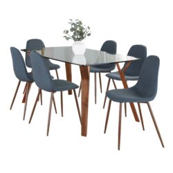 Folia Pebble - 7 Piece Mid-Century Modern Dining Set - Clear Tempered / Walnut / Blue