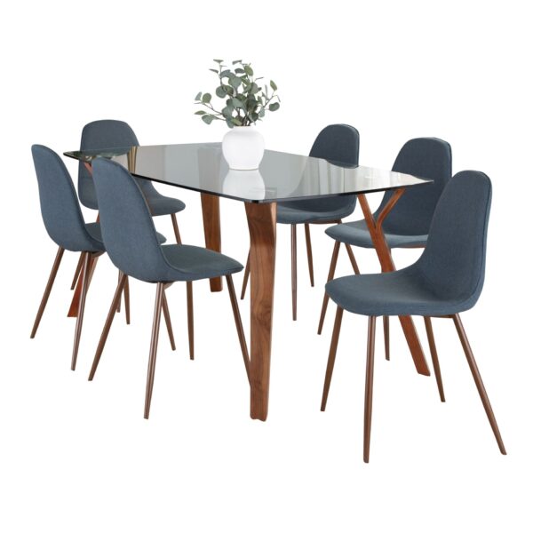 Folia Pebble - 7 Piece Mid-Century Modern Dining Set - Clear Tempered / Walnut / Blue